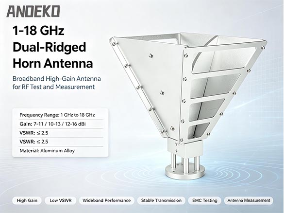 ANOEKO 1-18GHz Dual-Ridged Horn Antenna | High Gain Broadband RF Antenna for EMC & RF Testing